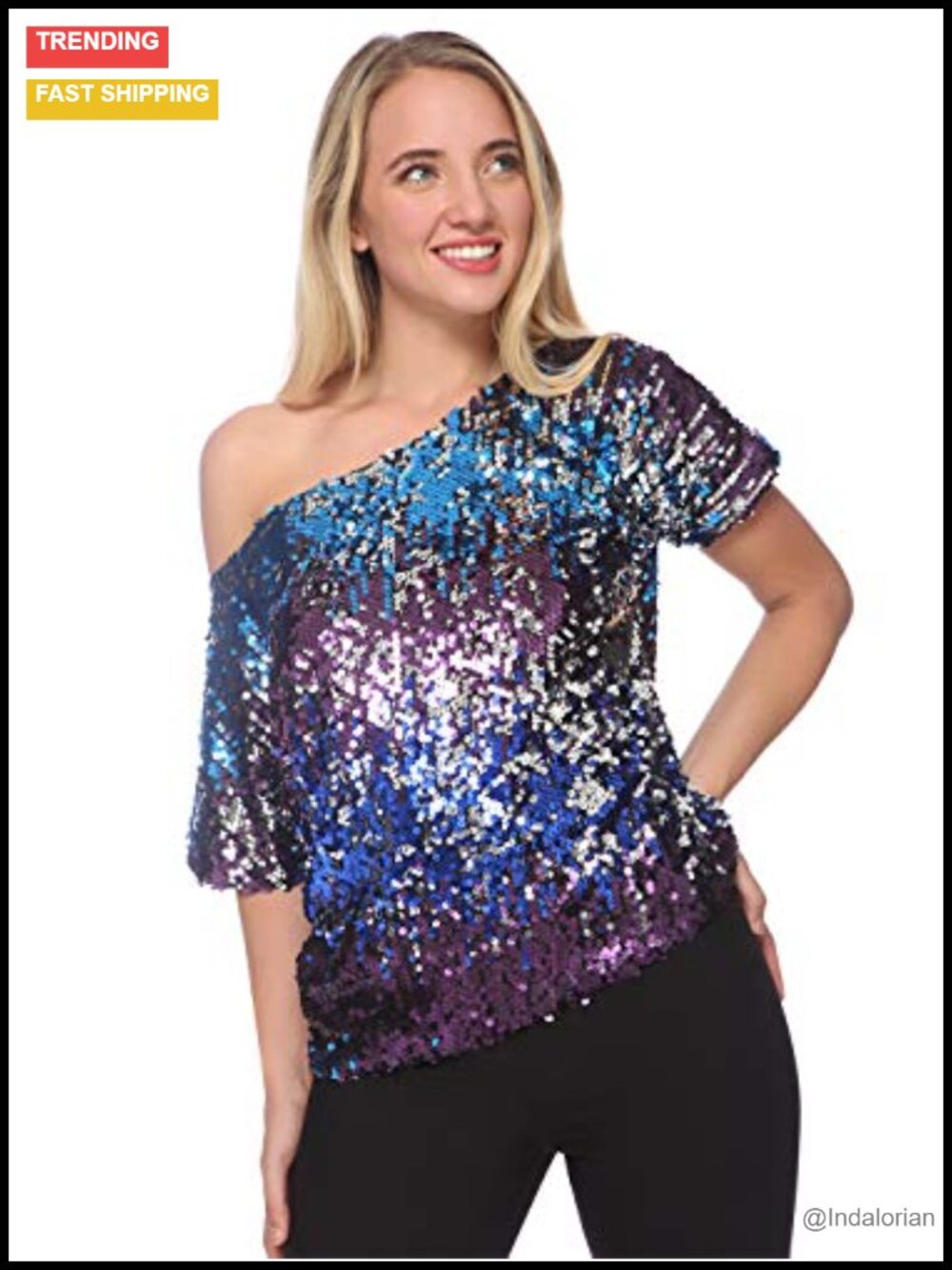 Womens Glitter Sequin One Shoulder Short Sleeve Blouse Party Top